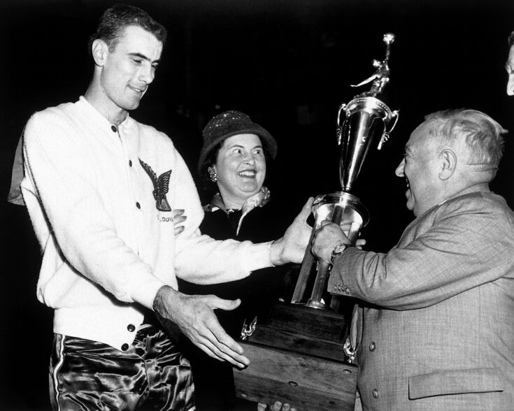 Bob Pettit with his All-Star MVP trophies